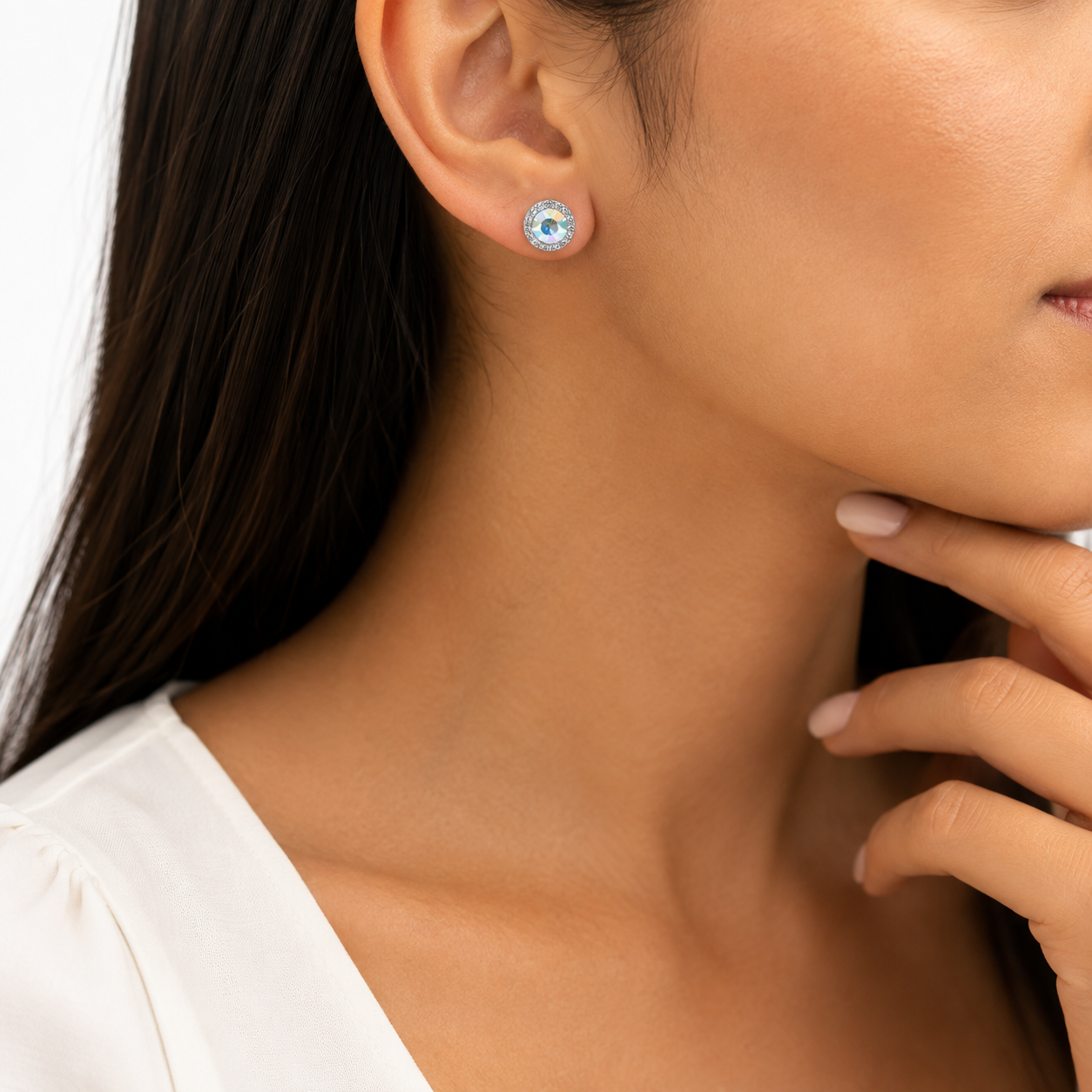 Aretes Halo Clásicos Blanco Tornasol
